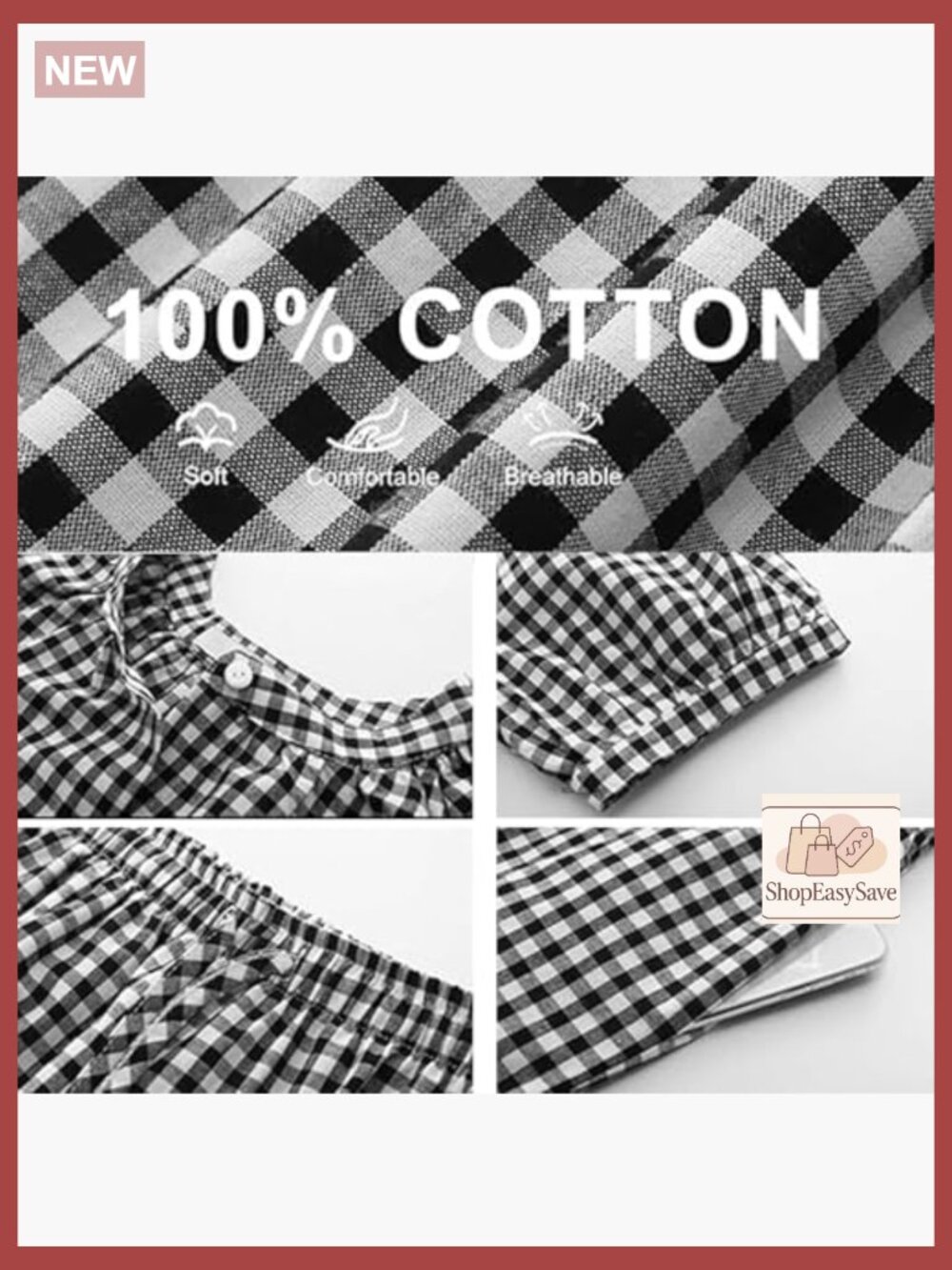 Cotton Gingham Pajama Set Cute Ruffle Babydoll Top Wide Leg Pants - Picture 4 of 5
